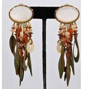 Chipita Vintage Cabochon Dangle Earrings White Patina Beaded Tribal Signed BinAR
